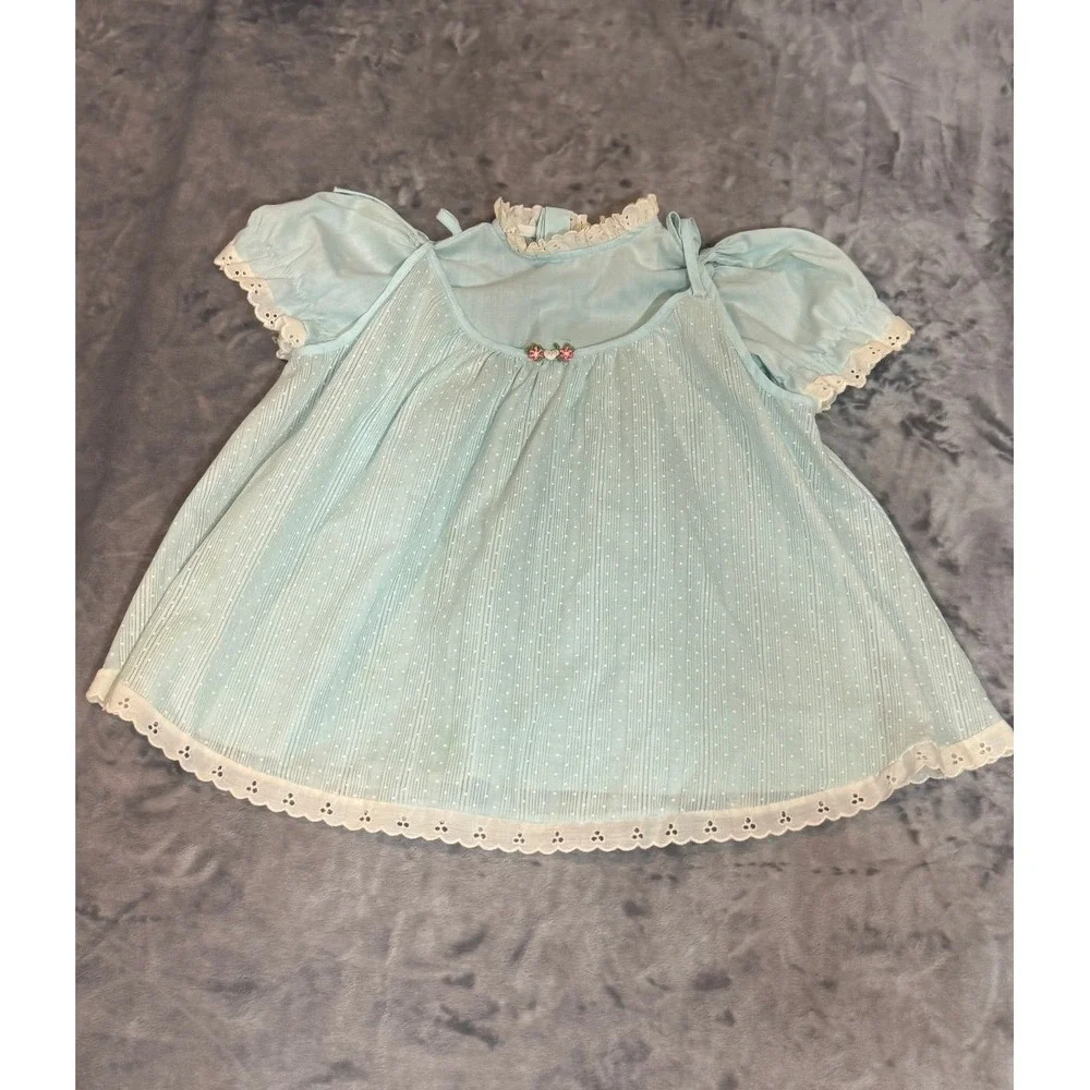 Vintage Kids‎ Light Blue Swiss Dot Eyelet Lace Baby Doll Dress 4T 3933/1